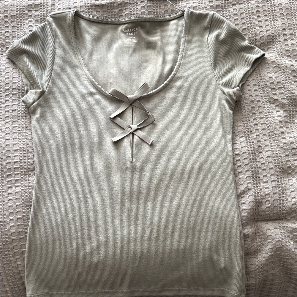 American Eagle Outfitters Sage Green Ribbed Top with Front Bows